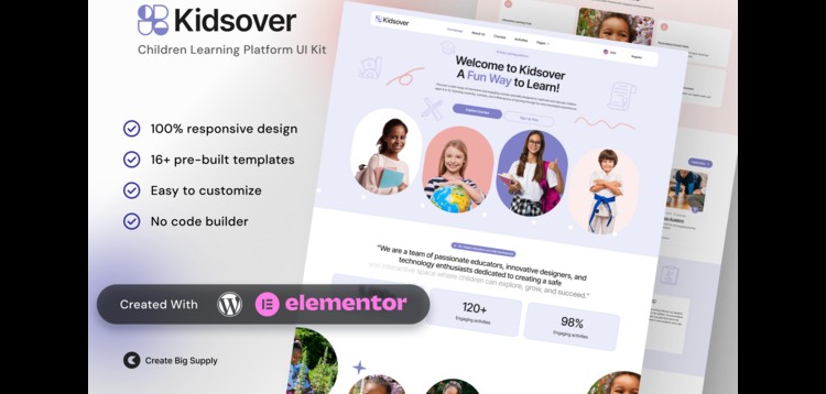 Item cover for download Kidsover- Children’s Learning Platform Elementor Template Kit