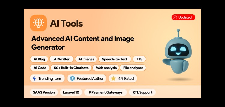 Item cover for download AI Tools SAAS - AI Content Generator, Image Generator, Text Generator, Chat, Voice & Code Generator