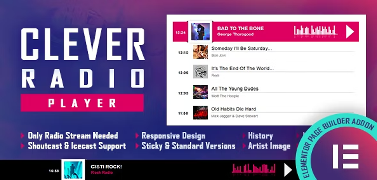 Item cover for download CLEVER - HTML5 Radio Player With History - Shoutcast and Icecast - Elementor Widget Addon