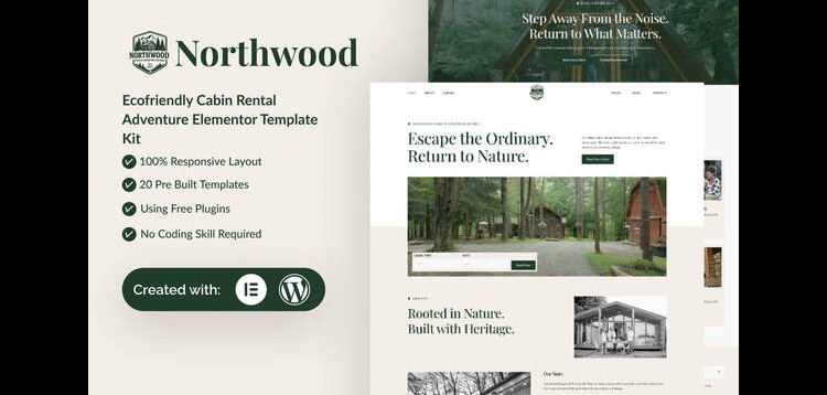 Item cover for download Northwood - Eco-Friendly Cabin Rental Adventure Elementor Template Kit