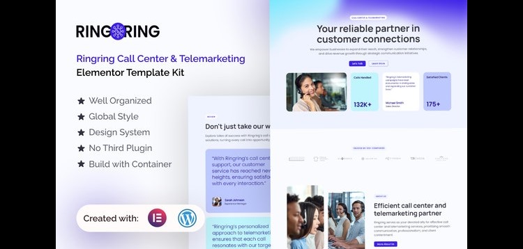 Item cover for download Ringring - Call Center & Telemarketing Elementor Pro Template Kit