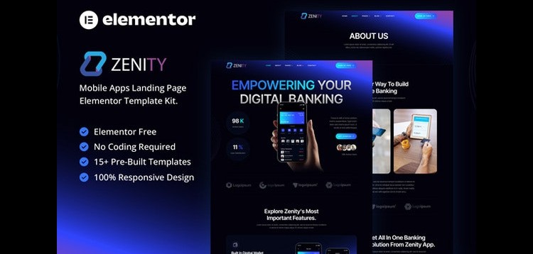 Item cover for download Zenity – Mobile App Landing Page Elementor Template Kit