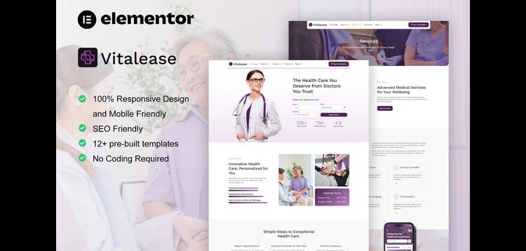Item cover for download Vitalease - Health Care & Medical Elementor Template Kit
